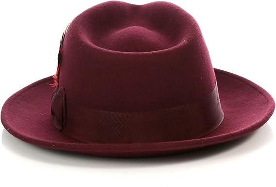 Gangster 100% Australian Wool Crushable Mens Fedora Hat - Removable Feather Gangster  Burgundy Mens Fedora Hat - Image 3
