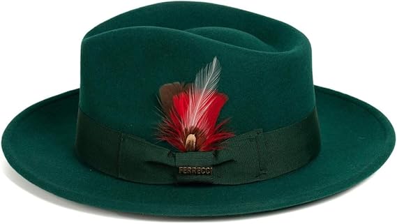 Gangster 100% Australian Wool Crushable Mens Fedora Hat - Removable Feather Gangster  Hunter Green Mens Fedora Hat - Image 2