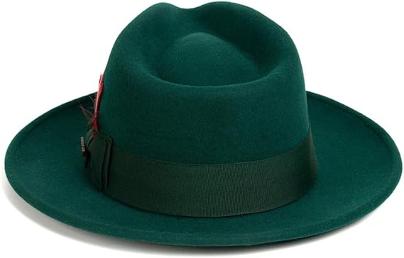 Gangster 100% Australian Wool Crushable Mens Fedora Hat - Removable Feather Gangster  Hunter Green Mens Fedora Hat - Image 3