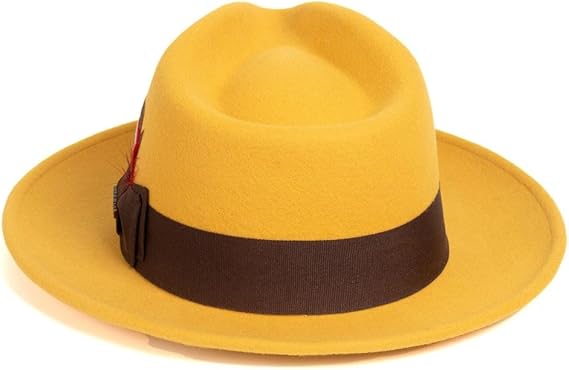 Gangster 100% Australian Wool Crushable Mens Fedora Hat - Removable Feather Gangster Mustard Mens Fedora Hat - Image 2