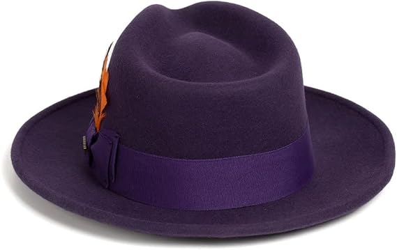 Gangster 100% Australian Wool Crushable Mens Fedora Hat - Removable Feather Gangster Purple Mens Fedora Hat - Image 2