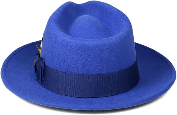 Gangster 100% Australian Wool Crushable Mens Fedora Hat - Removable Feather Gangster Royal Blue Mens Fedora Hat - Image 2
