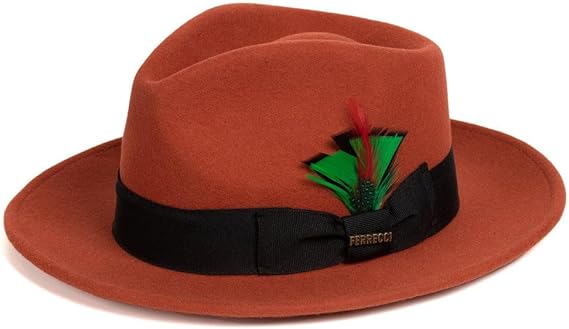 Gangster 100% Australian Wool Crushable Mens Fedora Hat - Removable Feather Gangster  Rust Mens Fedora Hat - Image 2