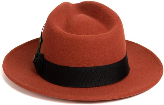 Gangster 100% Australian Wool Crushable Mens Fedora Hat - Removable Feather Gangster  Rust Mens Fedora Hat - Image 3