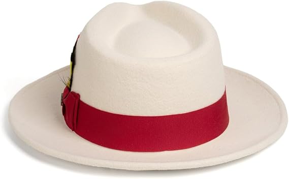 Gangster 100% Australian Wool Crushable Mens Fedora Hat - Removable Feather Gangster White and Red Mens Fedora Hat - Image 2