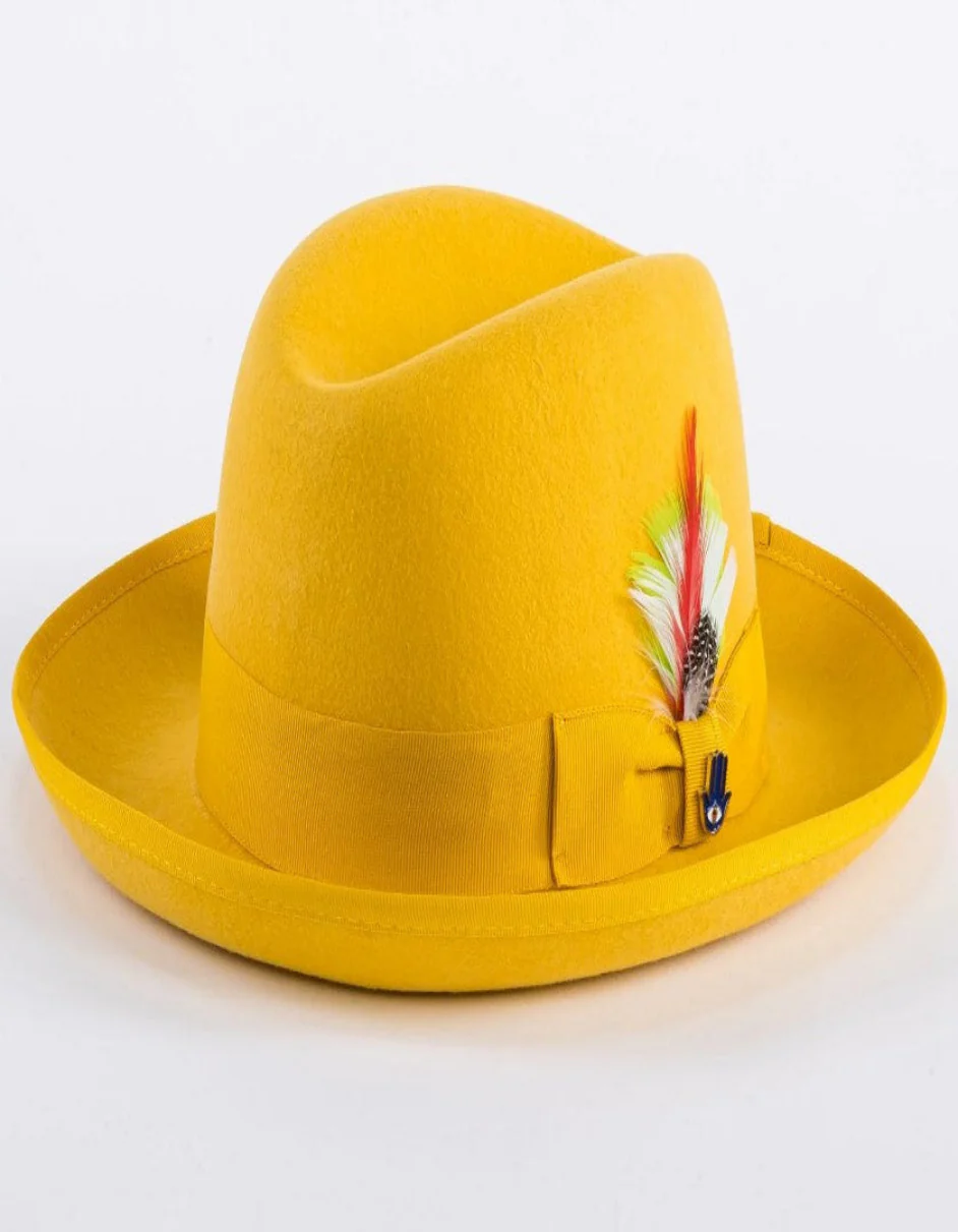 Gold Dress Hat 1920s Fedora Style - Mens Classic Gangster Godfather Wool Dress Hat in Gold - Image 3