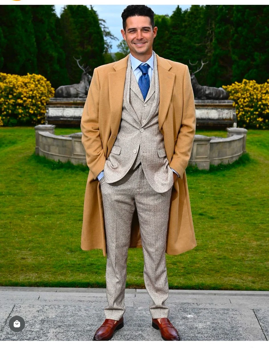 Great Gatsby Package -  Mens Camel Overcoat with Beige Tweed 3-Piece Suit Combo 4 Items Formal Winter Outfit - Image 3