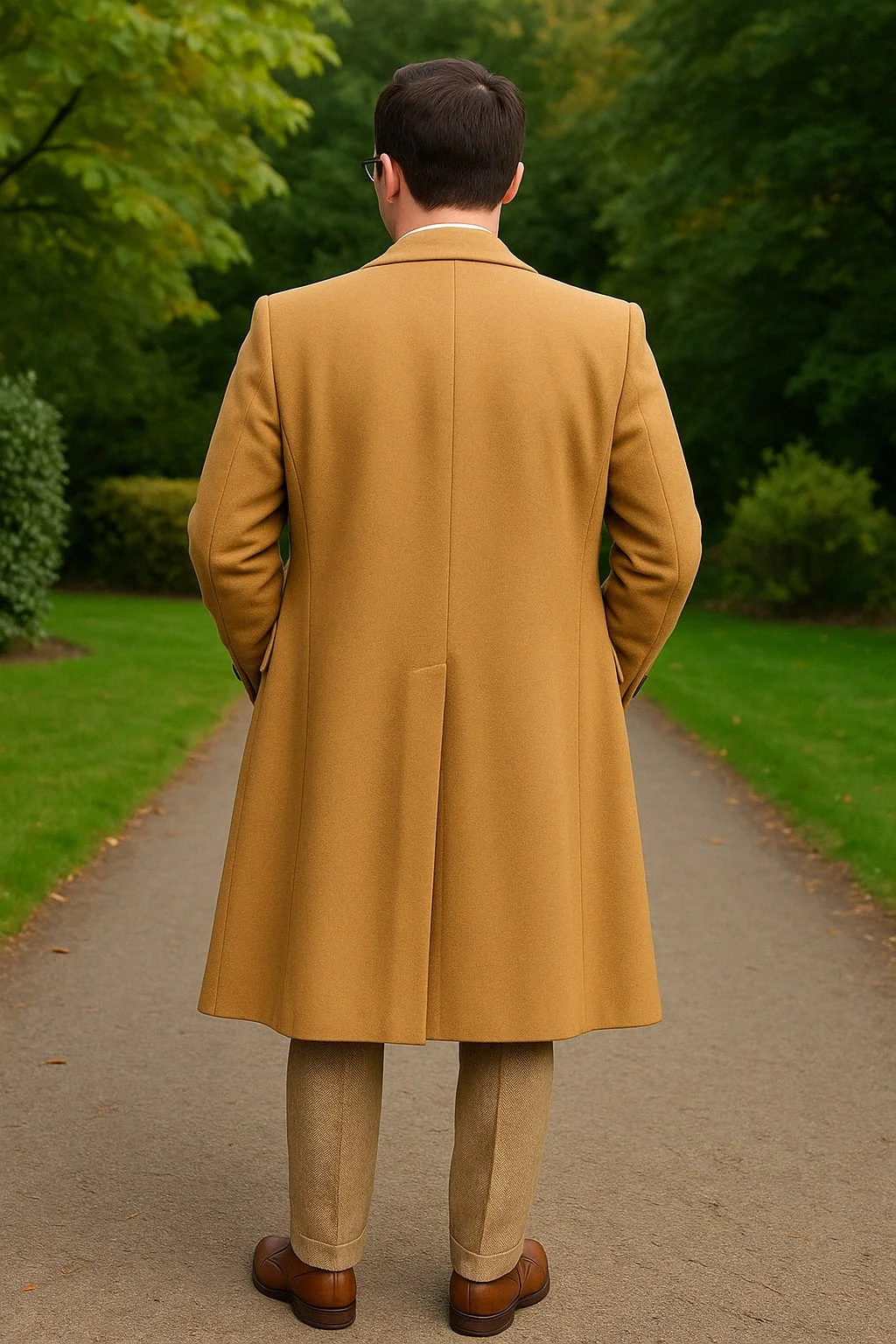 Great Gatsby Package -  Mens Camel Overcoat with Beige Tweed 3-Piece Suit Combo 4 Items Formal Winter Outfit - Image 4