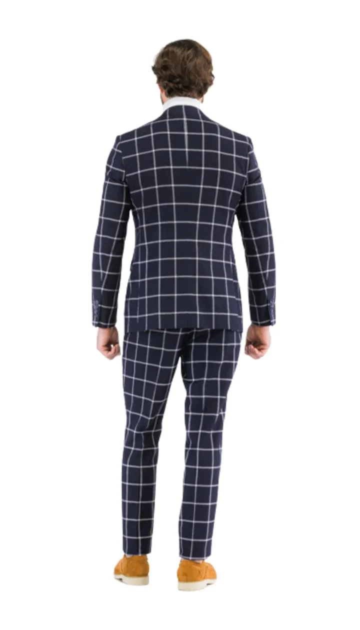 Harvy Mens Fit Navy Check Plaid Suit - Image 3