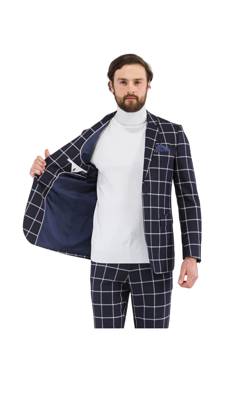 Harvy Mens Fit Navy Check Plaid Suit - Image 4