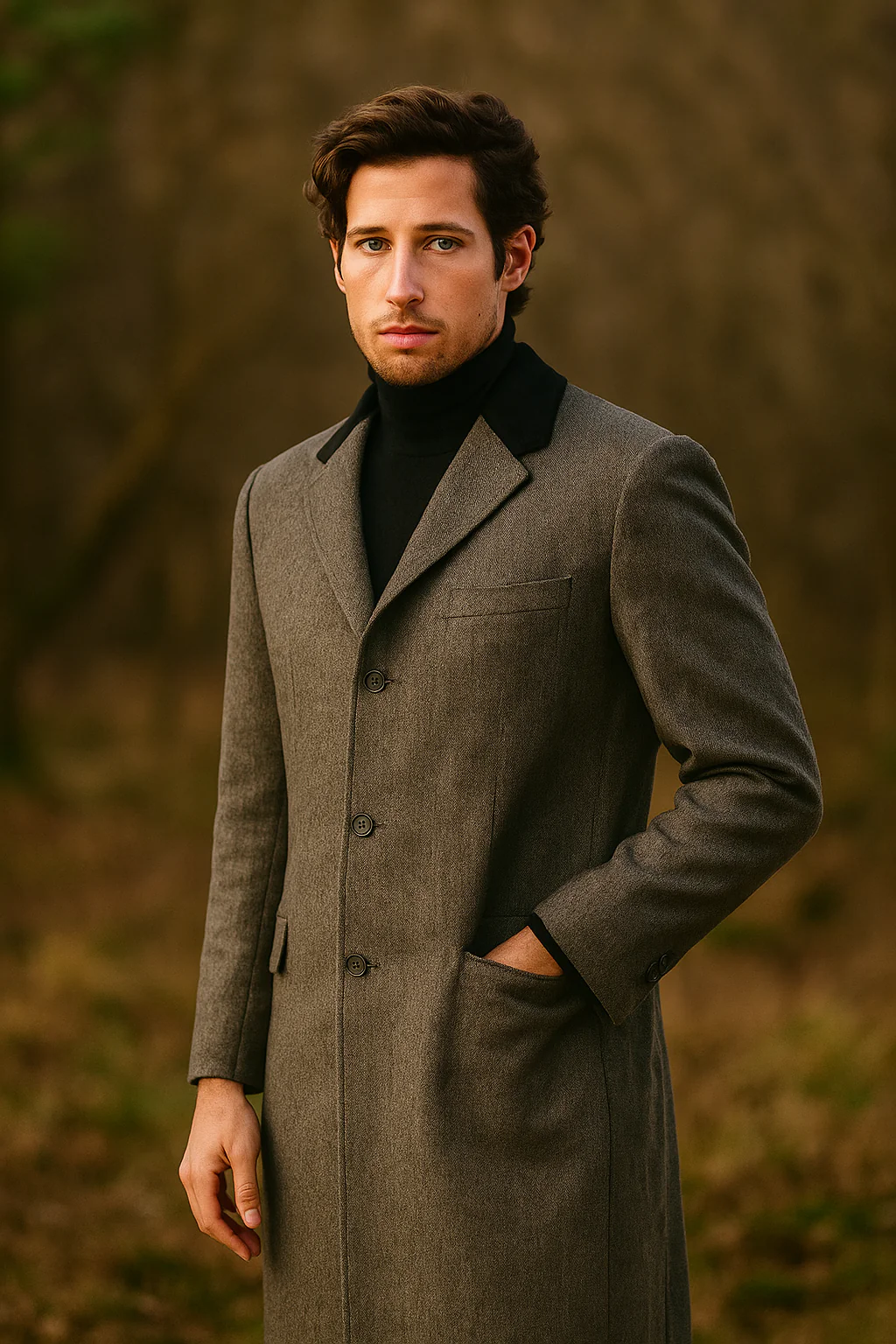 Herringbone Wool & Cashmere Chesterfield Overcoat – 1920s Full Length - Image 4