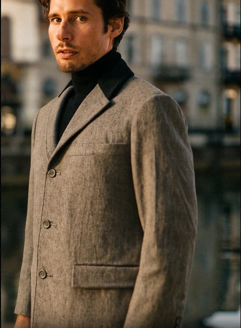 Herringbone Wool & Cashmere Chesterfield Overcoat – 1920s Full Length - Image 7