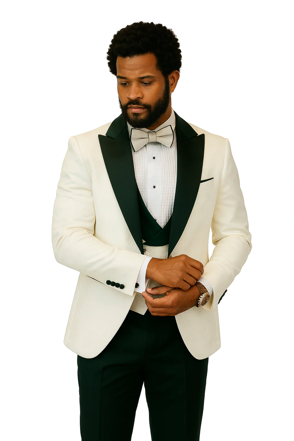 Hilton White and Black Paisley Peak Lapel Tuxedo Jacket with Matching Shawl Vest and Wool Pants – Includes Bow Tie - Image 2