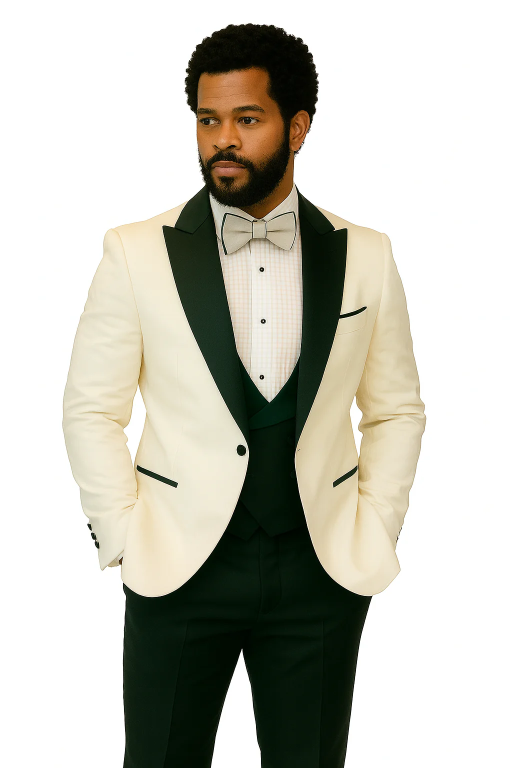 Hilton White and Black Paisley Peak Lapel Tuxedo Jacket with Matching Shawl Vest and Wool Pants – Includes Bow Tie - Image 6
