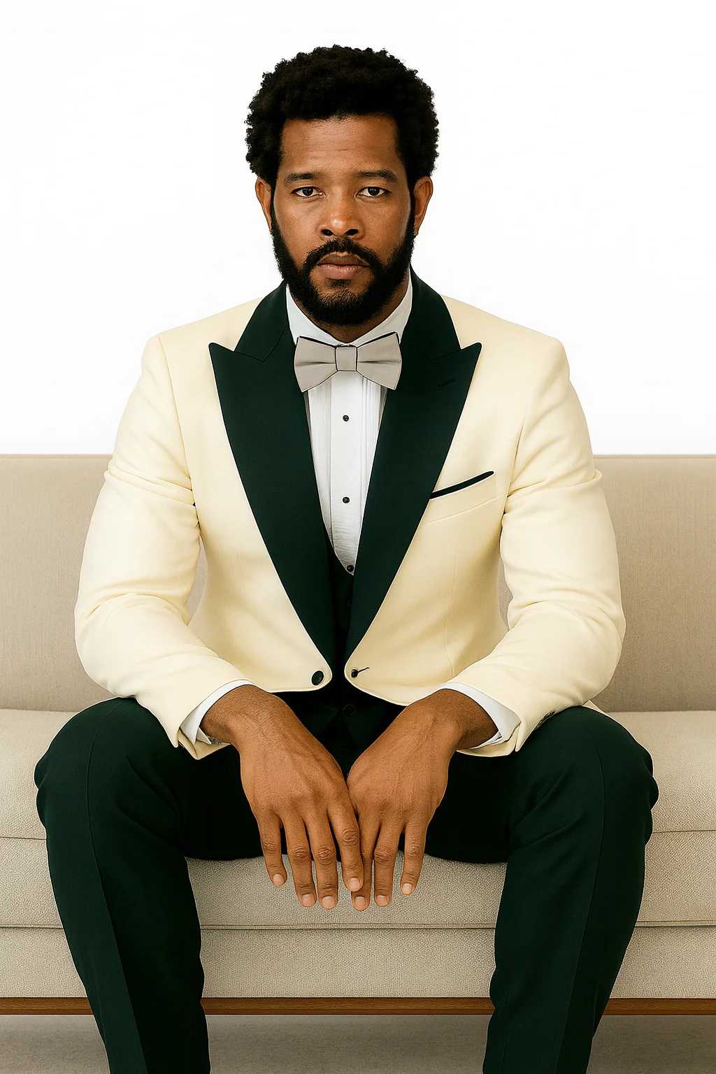 Hilton White and Black Paisley Peak Lapel Tuxedo Jacket with Matching Shawl Vest and Wool Pants – Includes Bow Tie - Image 7