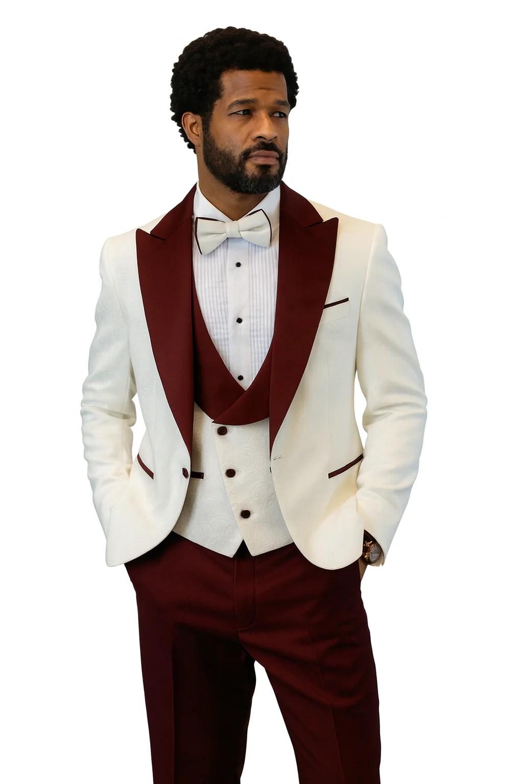 Hilton White and Burgundy Paisley Peak Lapel Tuxedo Jacket with Matching Shawl Vest and Wool Pants – Includes Bow Tie - Image 2