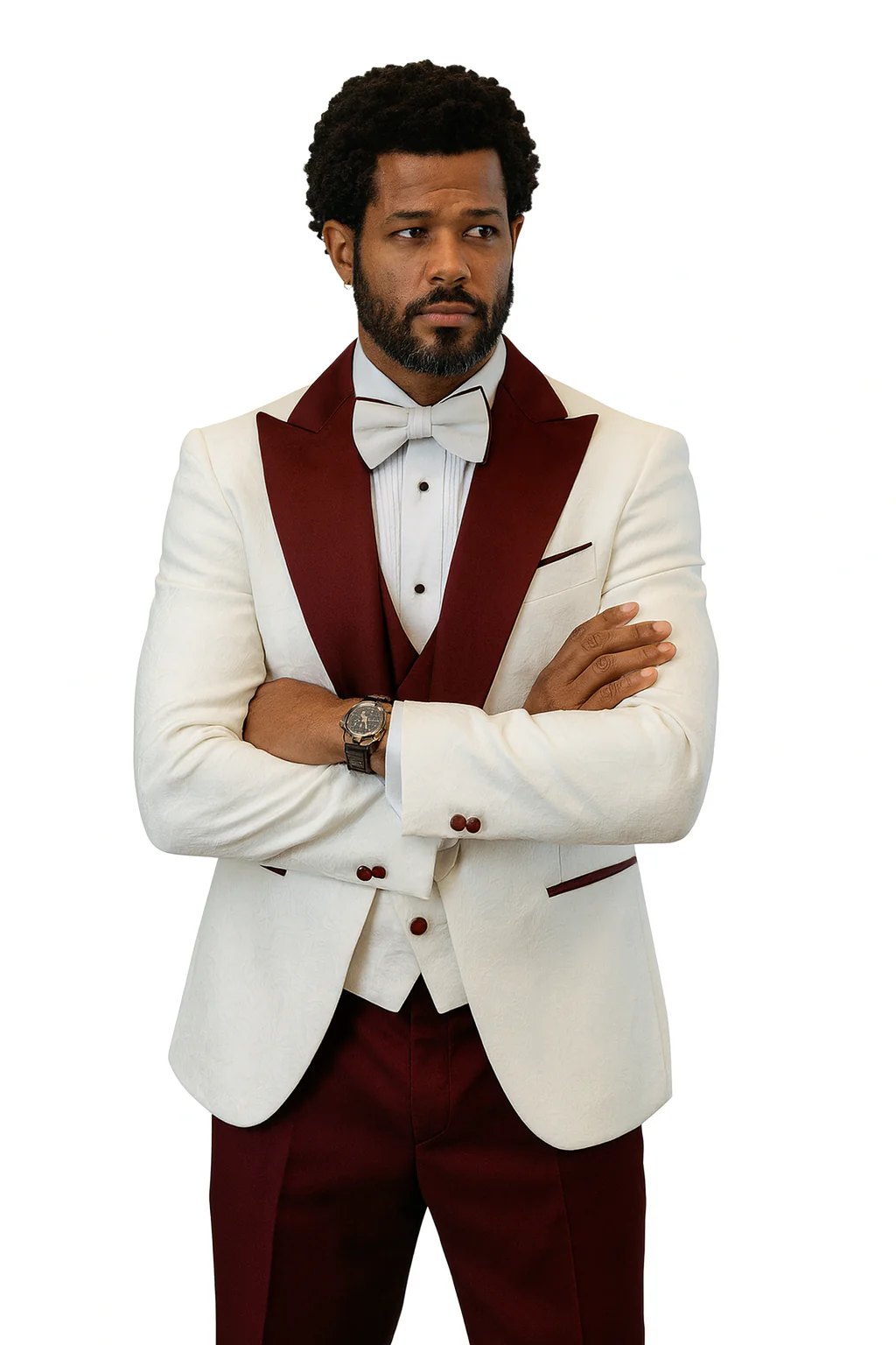 Hilton White and Burgundy Paisley Peak Lapel Tuxedo Jacket with Matching Shawl Vest and Wool Pants – Includes Bow Tie - Image 3