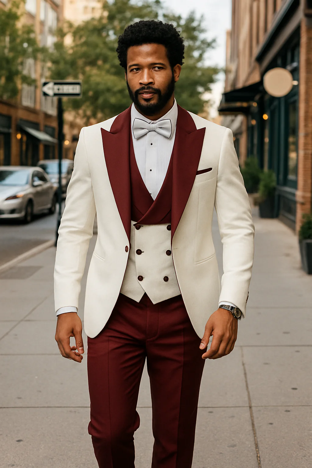 Hilton White and Burgundy Paisley Peak Lapel Tuxedo Jacket with Matching Shawl Vest and Wool Pants – Includes Bow Tie - Image 4