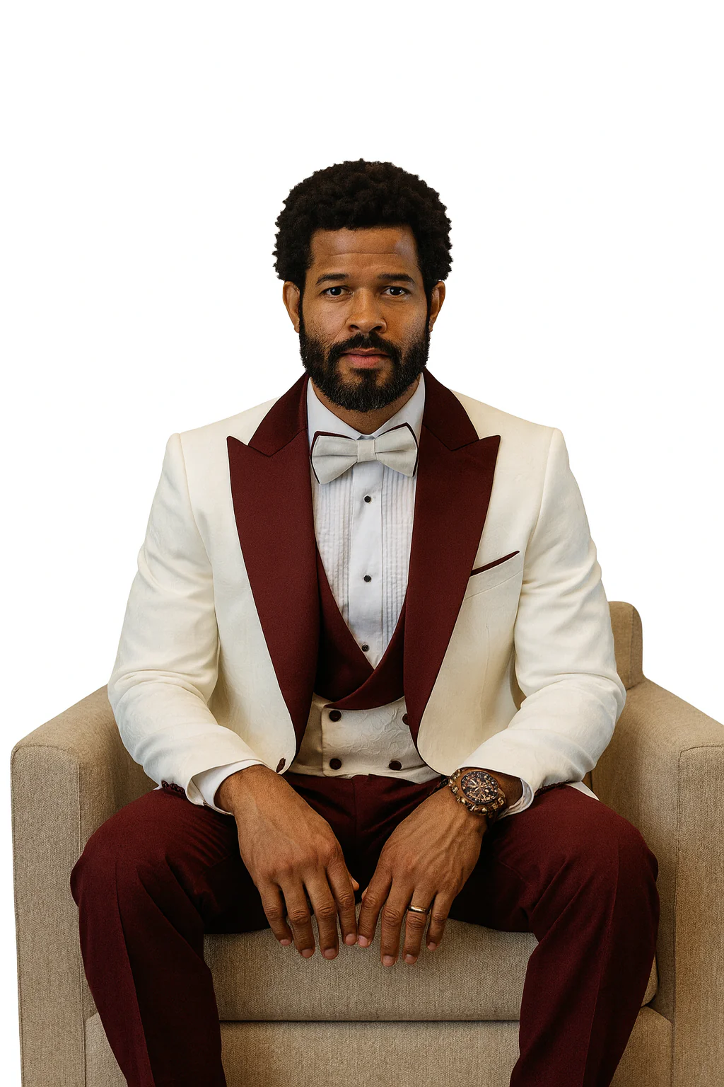Hilton White and Burgundy Paisley Peak Lapel Tuxedo Jacket with Matching Shawl Vest and Wool Pants – Includes Bow Tie - Image 5