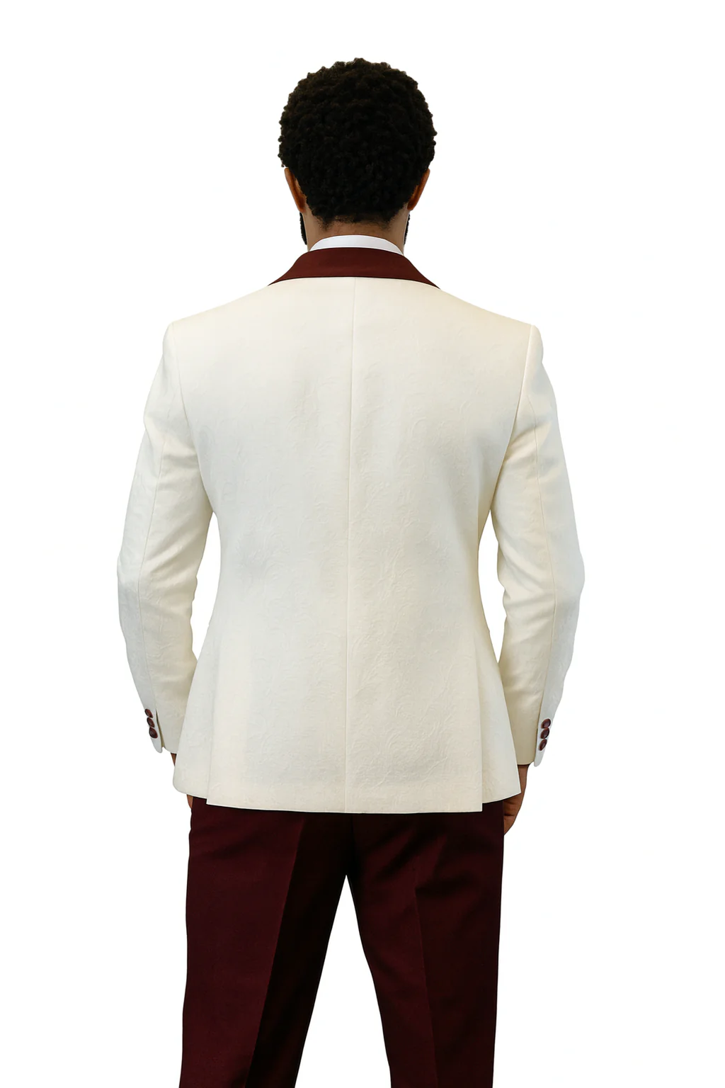 Hilton White and Burgundy Paisley Peak Lapel Tuxedo Jacket with Matching Shawl Vest and Wool Pants – Includes Bow Tie - Image 6