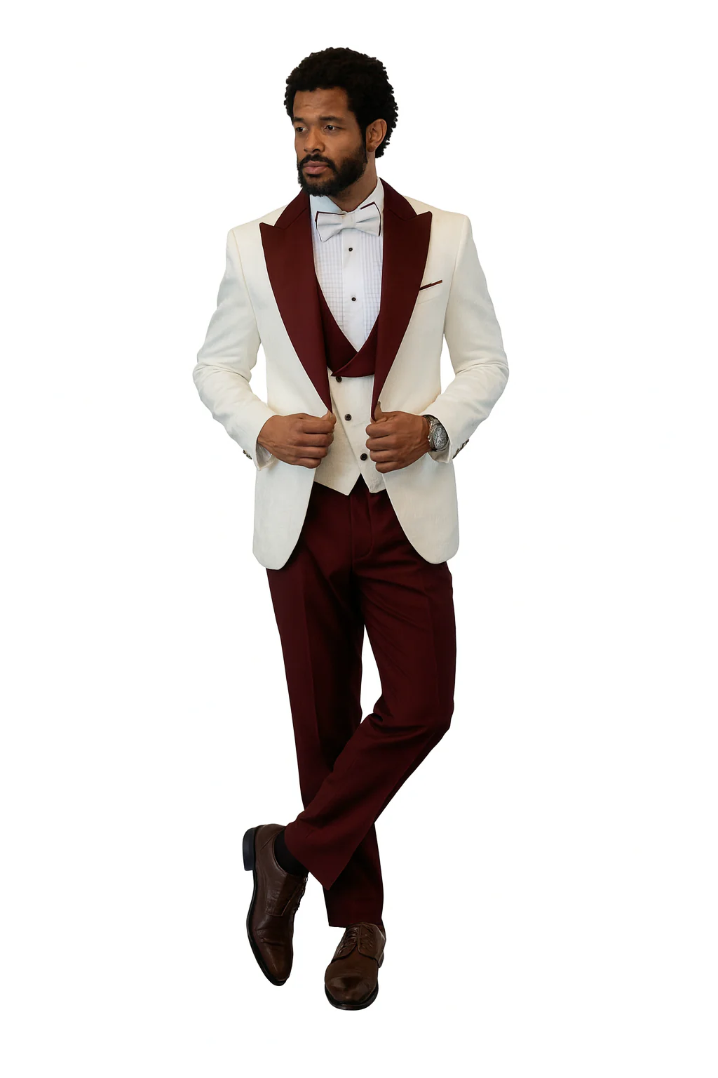 Hilton White and Burgundy Paisley Peak Lapel Tuxedo Jacket with Matching Shawl Vest and Wool Pants – Includes Bow Tie - Image 7