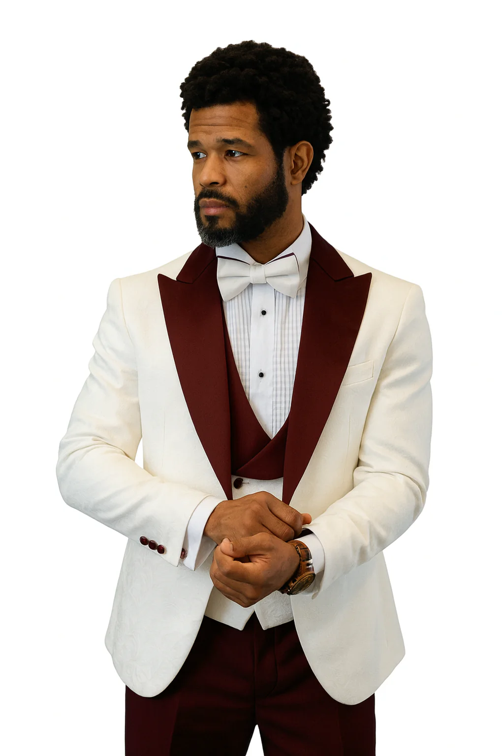 Hilton White and Burgundy Paisley Peak Lapel Tuxedo Jacket with Matching Shawl Vest and Wool Pants – Includes Bow Tie - Image 9
