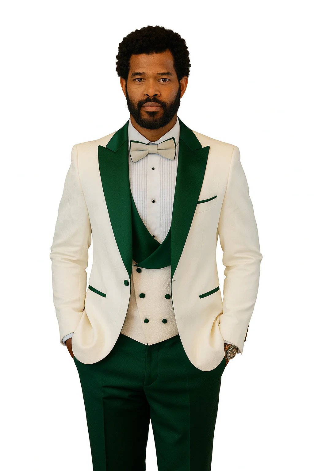 Hilton White and Hunter Green Paisley Peak Lapel Tuxedo Jacket with Matching Shawl Vest and Wool Pants – Includes Bow Tie - Image 4