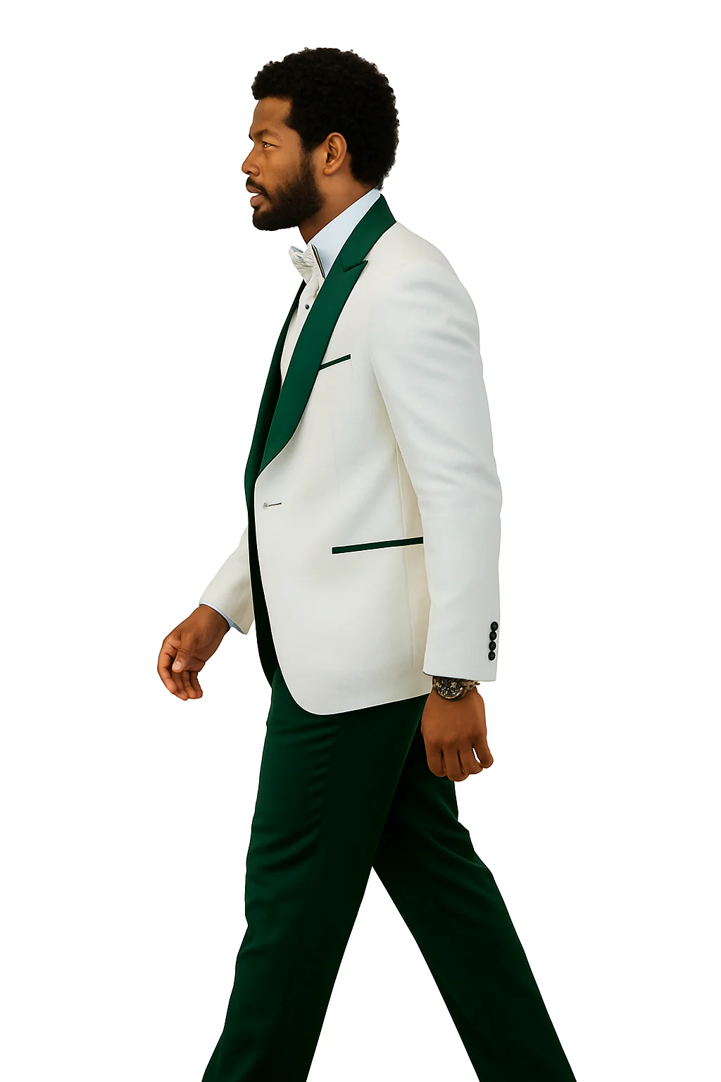 Hilton White and Hunter Green Paisley Peak Lapel Tuxedo Jacket with Matching Shawl Vest and Wool Pants – Includes Bow Tie - Image 5
