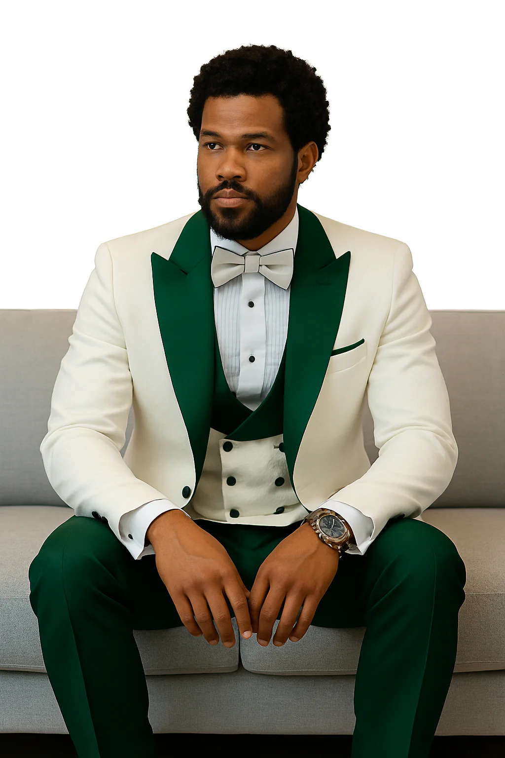 Hilton White and Hunter Green Paisley Peak Lapel Tuxedo Jacket with Matching Shawl Vest and Wool Pants – Includes Bow Tie - Image 6