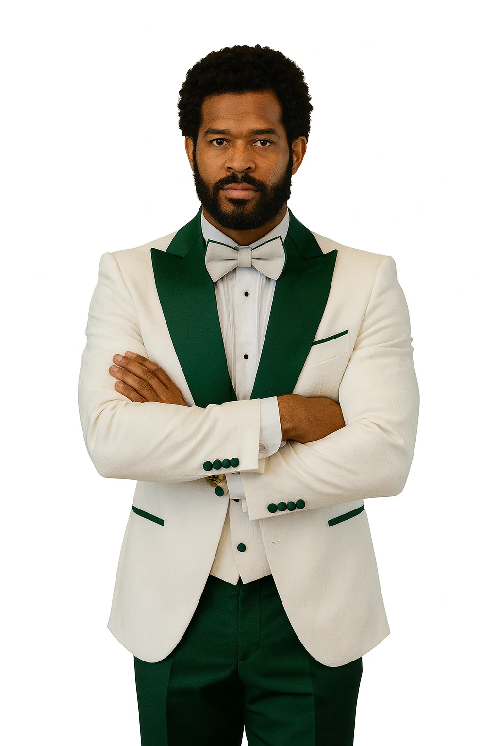 Hilton White and Hunter Green Paisley Peak Lapel Tuxedo Jacket with Matching Shawl Vest and Wool Pants – Includes Bow Tie - Image 7