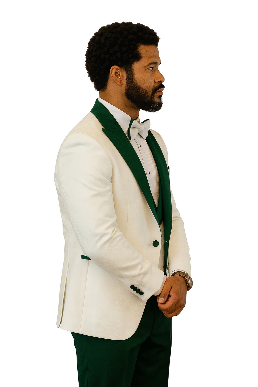Hilton White and Hunter Green Paisley Peak Lapel Tuxedo Jacket with Matching Shawl Vest and Wool Pants – Includes Bow Tie - Image 8