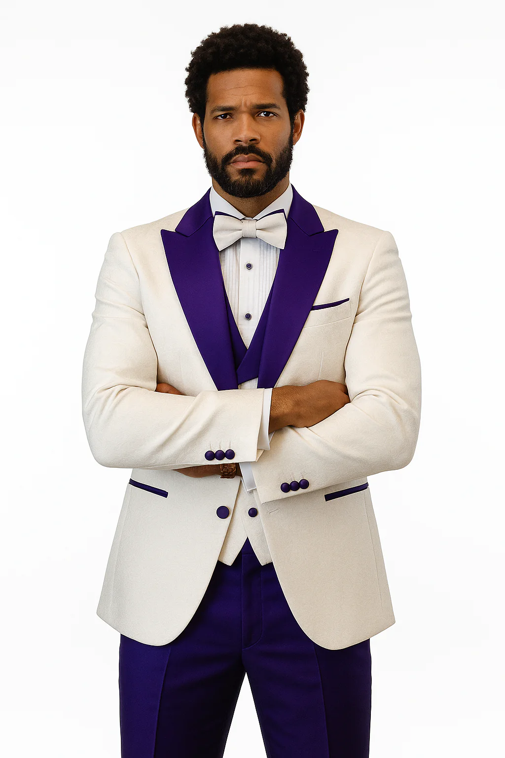 Hilton White and Purple Paisley Peak Lapel Tuxedo Jacket with Matching Shawl Vest and Wool Pants – Includes Bow Tie - Image 4