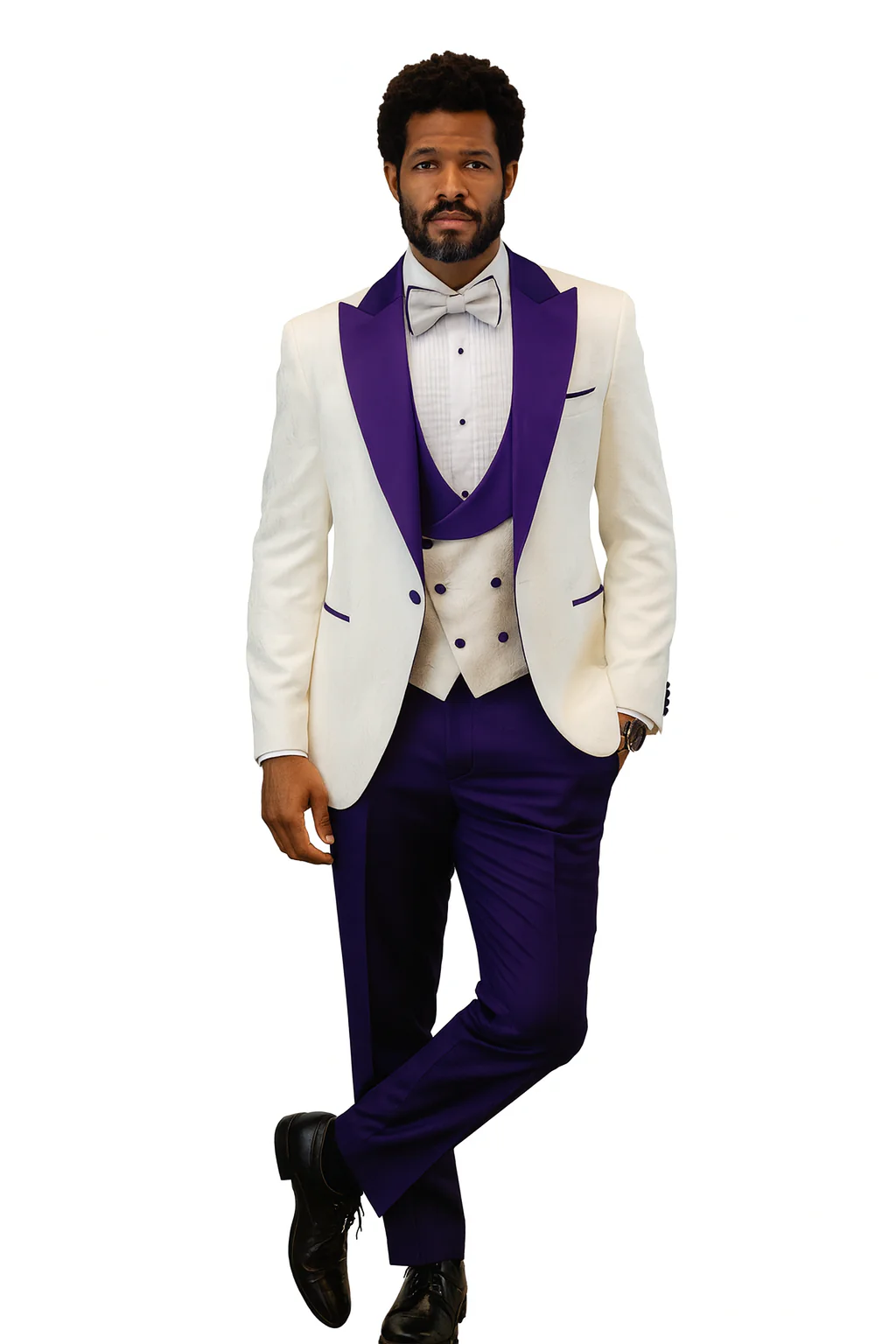 Hilton White and Purple Paisley Peak Lapel Tuxedo Jacket with Matching Shawl Vest and Wool Pants – Includes Bow Tie - Image 6
