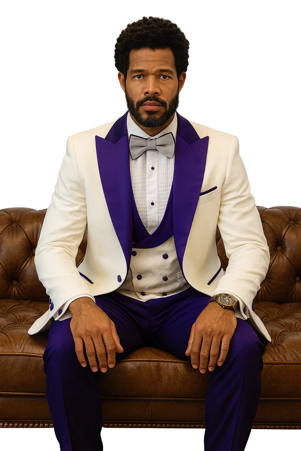 Hilton White and Purple Paisley Peak Lapel Tuxedo Jacket with Matching Shawl Vest and Wool Pants – Includes Bow Tie - Image 7