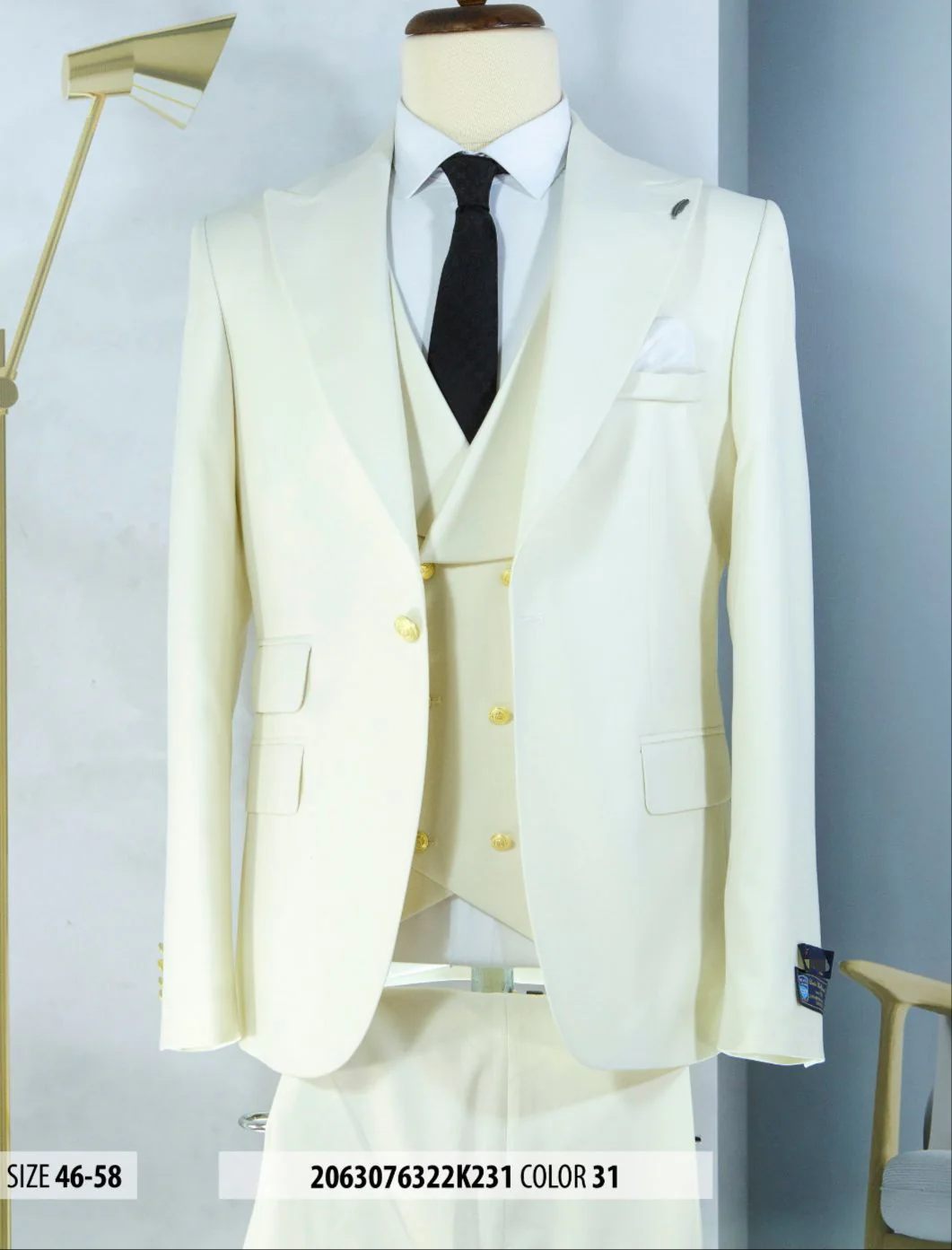 Ivory and Gold Button Wedding Suit - Off White Cream Peak Lapel with Double breasted Vest - Image 13
