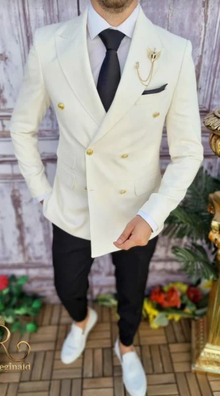 Ivory Double Breasted Blazer With Gold Buttons - Cream Sport Coat - Off White Jacket