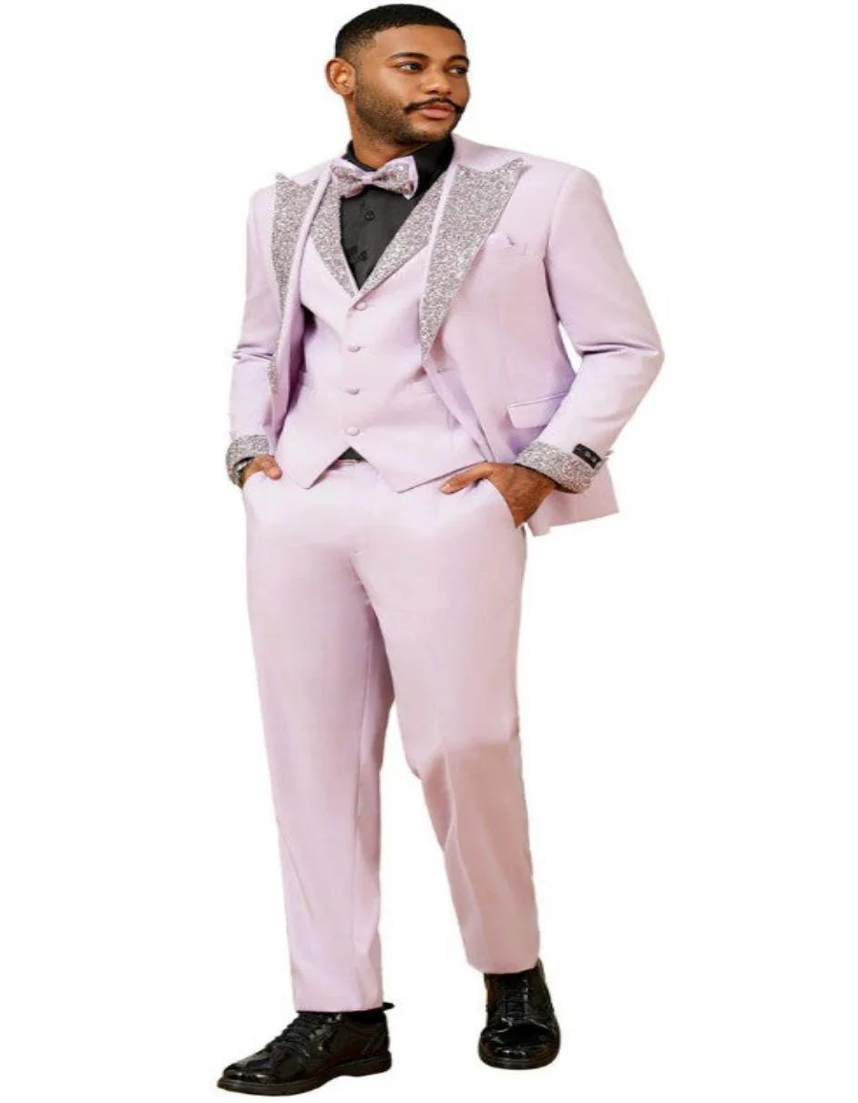 Lavender Prom Tuxedo - Perfect Wedding Suit Vested Rhinestone sequin Lapelled - Image 3