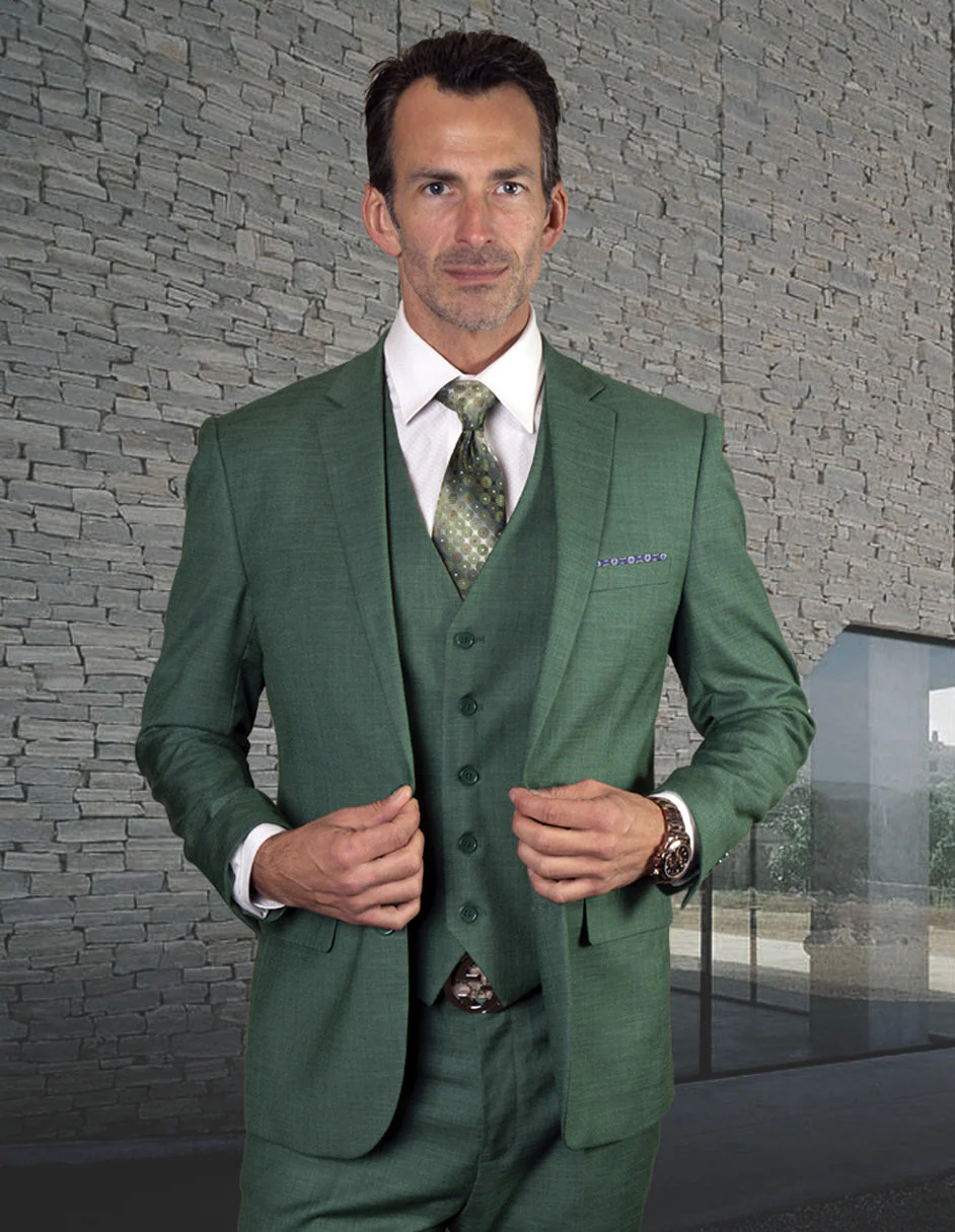 Mens 2 Button Slim Fit Vested Wool Suit in Forest Green