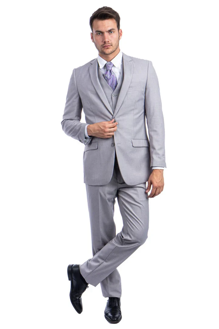 Light Grey Suit - Silver Gray Suit For Wedding - Men's two Button Basic Hybrid Fit Light Grey Vested Suit - Image 2