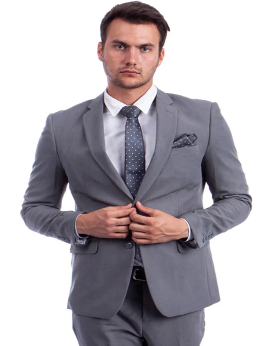 Light Grey Suit - Silver Gray Suit For Wedding - Men's Two Button Hybrid Fit Basic Business Light Grey Suit - Image 2