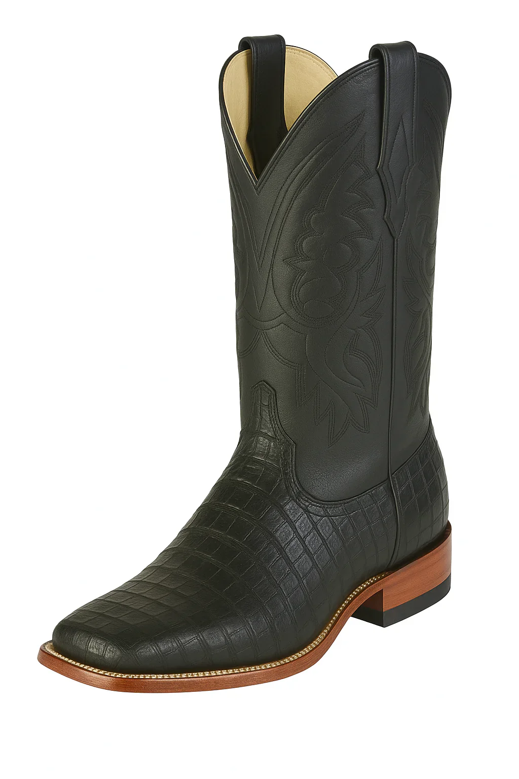 Los Altos Boots Men’s Black Caiman Belly Wide Square Toe Boots - Image 4