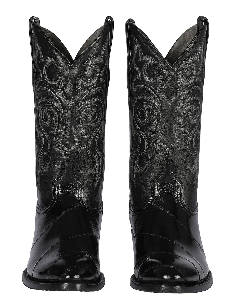 Los Altos Boots - Mens Dress Cowboy Boot - Low Priced Black Eel Skin R-Toe Western Boots- in Black - Image 5
