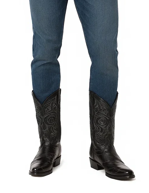 Los Altos Boots - Mens Dress Cowboy Boot - Low Priced Black Eel Skin R-Toe Western Boots- in Black - Image 8