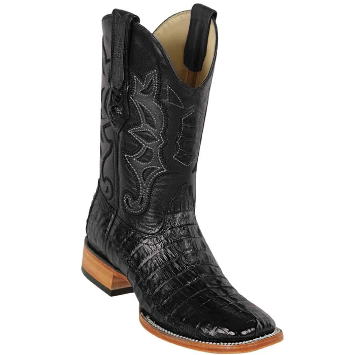 Los Altos Boots - Mens Dress Cowboy Boot - Low Priced Black Square Toe Caiman Tail Boots- in Black - Image 9