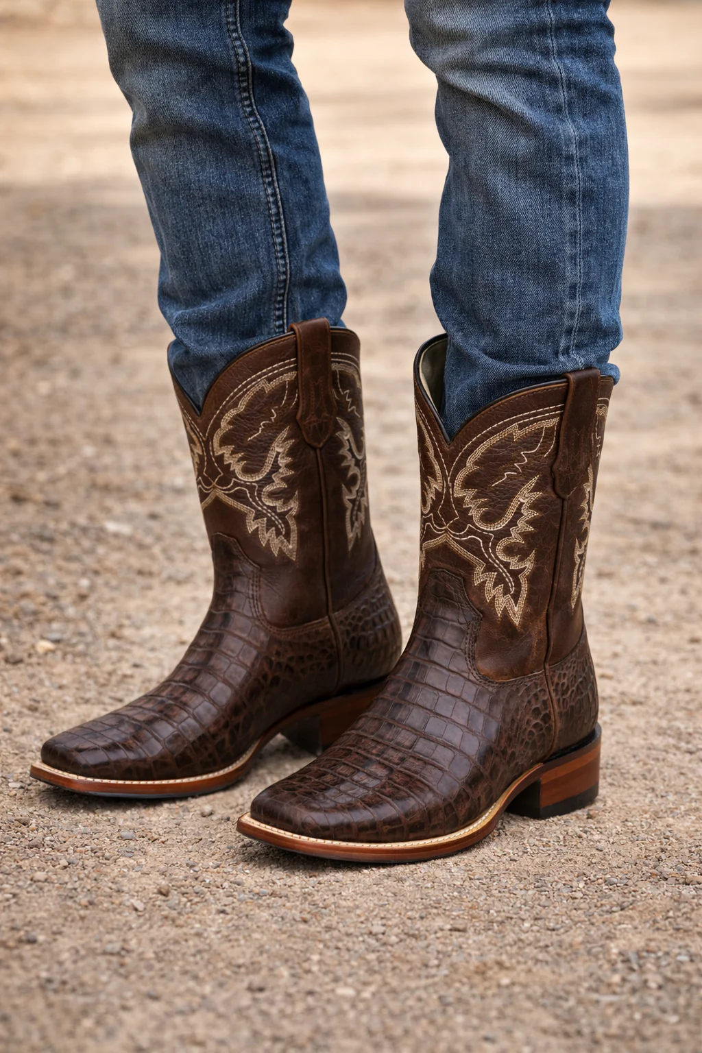 Los Altos Boots - Mens Dress Cowboy Boot - Low Priced Caiman Brown Square Toe Cowboy Boots - in  Brown - Image 3