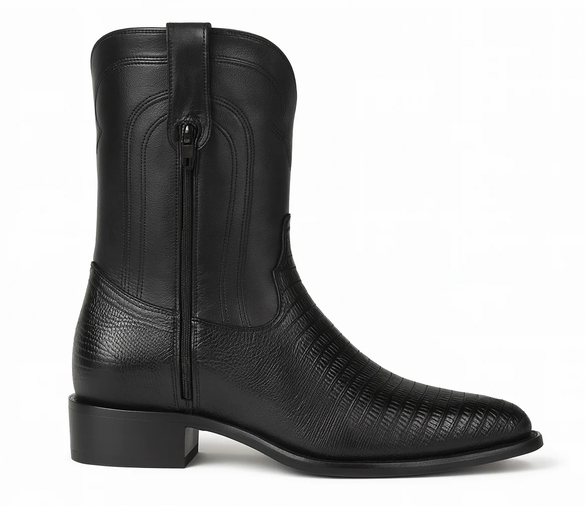 Los Altos Men's Genuine Lizard Teju Skin Leather Insole and Lining Zipper Black Roper Toe Boot - Image 2