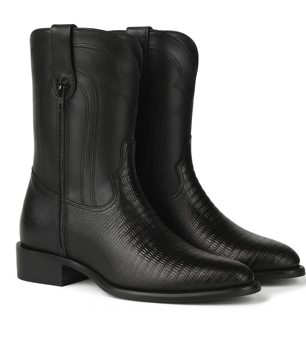 Los Altos Men's Genuine Lizard Teju Skin Leather Insole and Lining Zipper Black Roper Toe Boot - Image 5