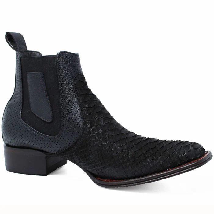 Los Altos Men's Genuine Python Skin Square Toe Ankle Boots - Black - Image 5