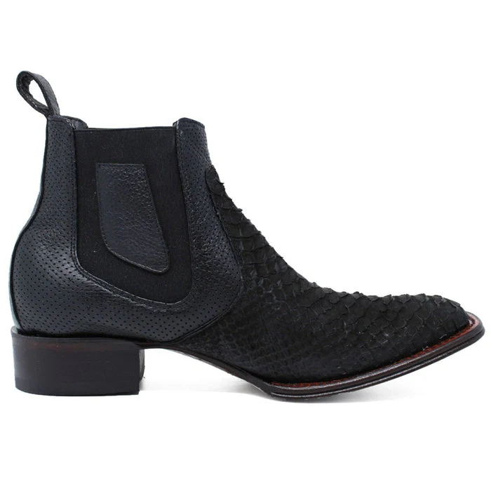 Los Altos Men's Genuine Python Skin Square Toe Ankle Boots - Black - Image 3
