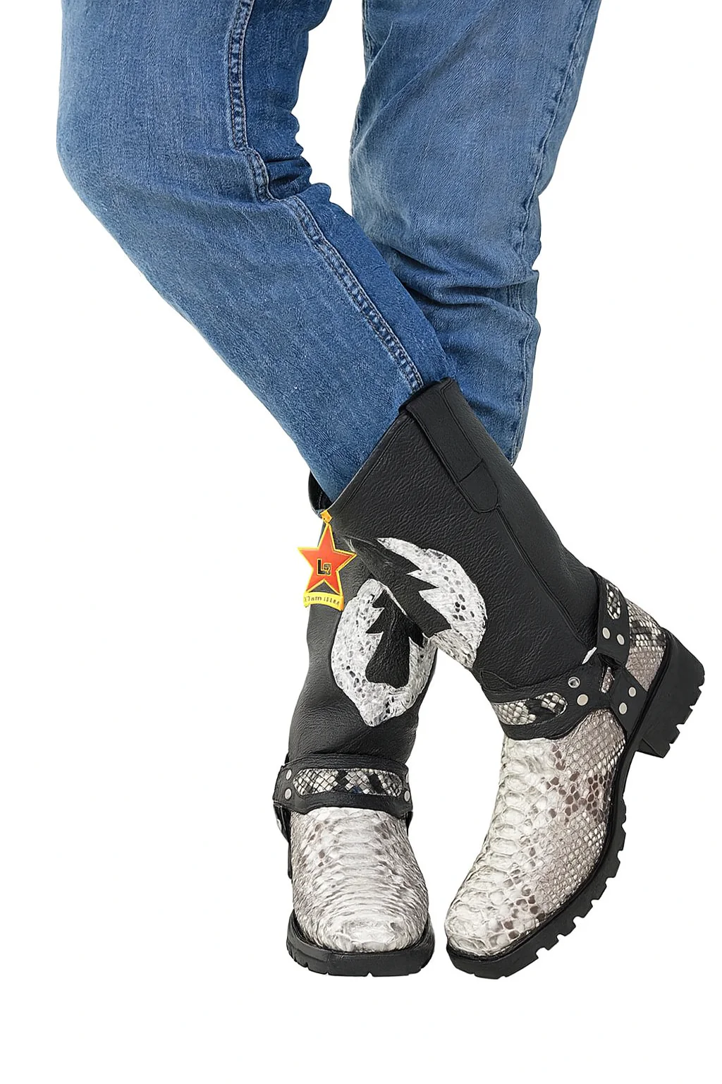 Los Altos Natural Black Python Biker Boots - Image 10